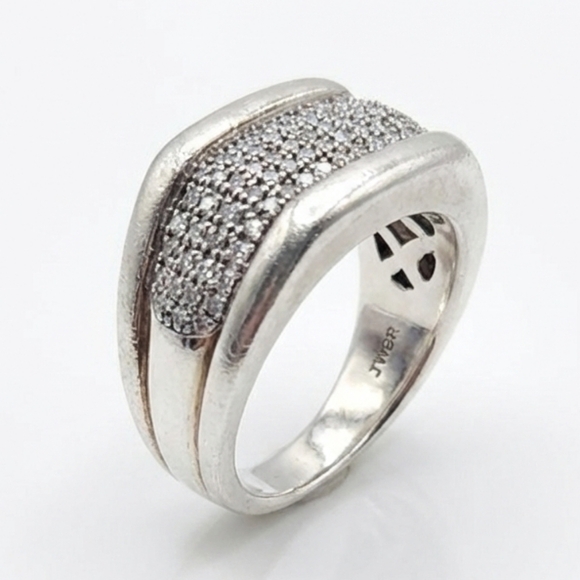Vintage JWBR Sterling Silver & Natural Diamond Pavé Wide Band Ring - Picture 1 of 12